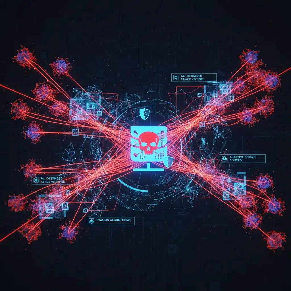 Schéma d'une attaque DDoS amplifiée par l'IA submergeant un serveur d'entreprise.