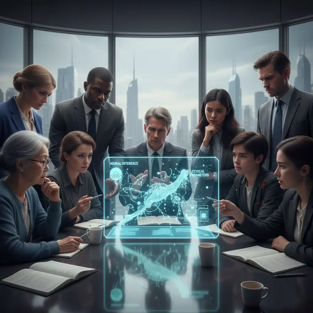 Groupe diversifié de personnes discutant de schémas de technologie bio-intégrée, symbolisant le débat éthique.