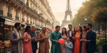 Groupe diversifié de personnes souriantes dans un décor urbain français moderne, symbolisant la richesse de la diversité culturelle.