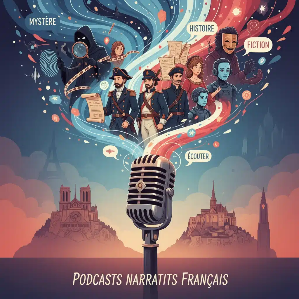 Illustration de personnages divers représentant les genres de podcasts narratifs français.