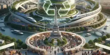 Illustration de l'économie circulaire en France avec des symboles de recyclage et d'innovation durable.