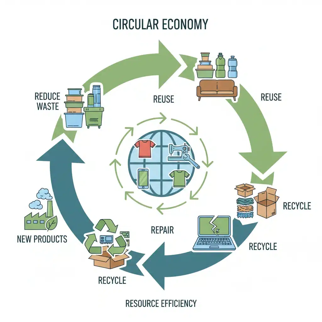 Schéma explicatif de l'économie circulaire et du recyclage des produits.