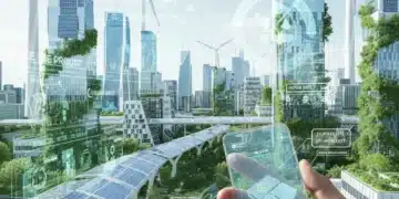 Économie Circulaire et Technologie en France : Prolongation de Vie des Produits Paysage urbain français futuriste illustrant l'économie circulaire et la technologie durable.