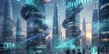 Paysage urbain futuriste avec des éléments numériques et des graphiques financiers, symbolisant l'économie du métavers.