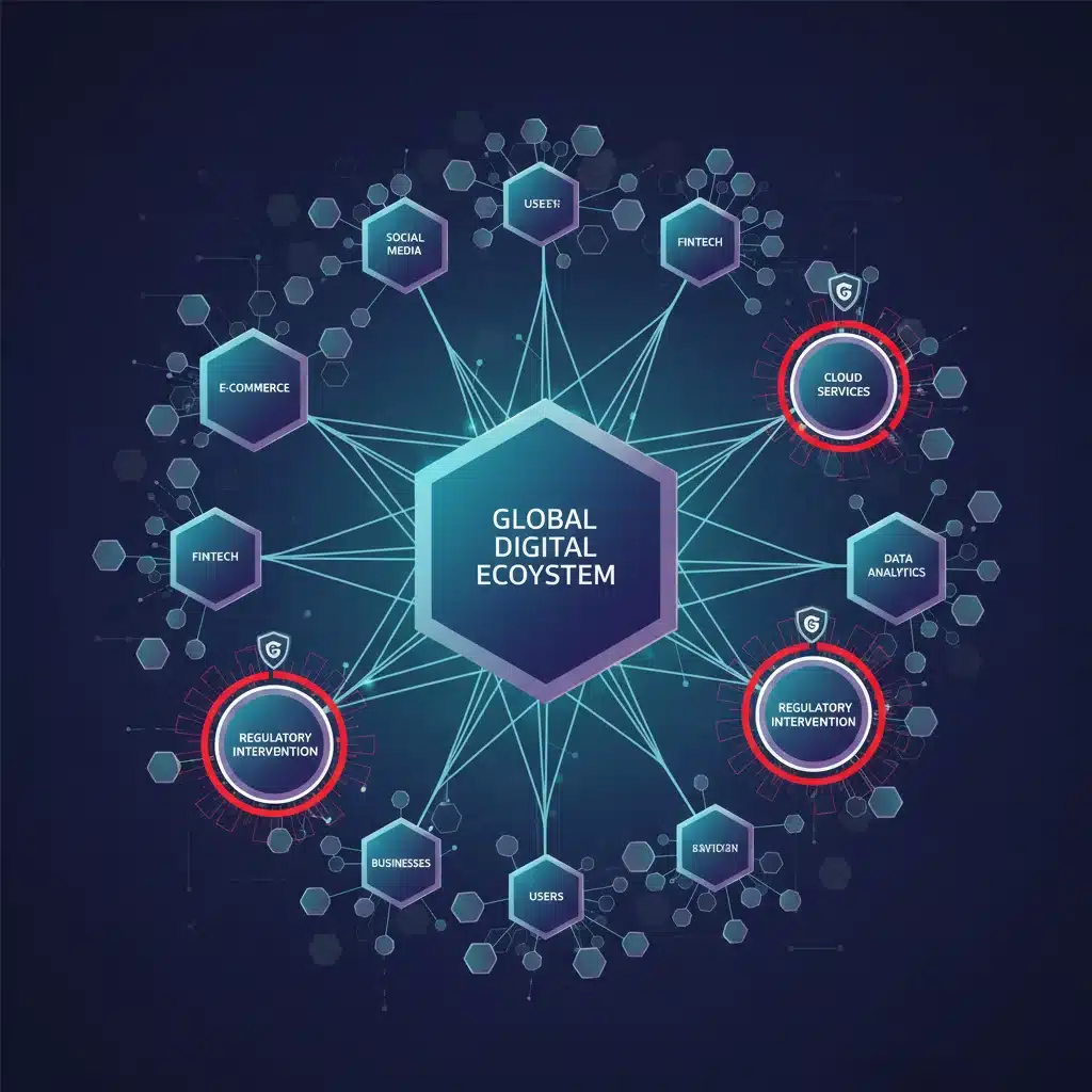 Schéma complexe illustrant l'écosystème des plateformes numériques et les points d'intervention réglementaire.