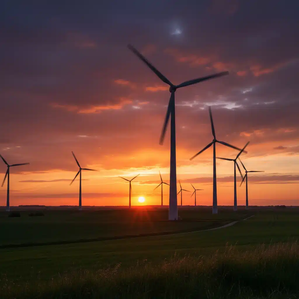 Éoliennes en fonctionnement au coucher du soleil, illustrant la production d'énergie renouvelable.
