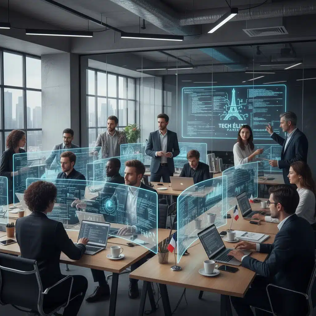 Équipe d'ingénieurs et de chercheurs français travaillant sur des projets d'innovation numérique.