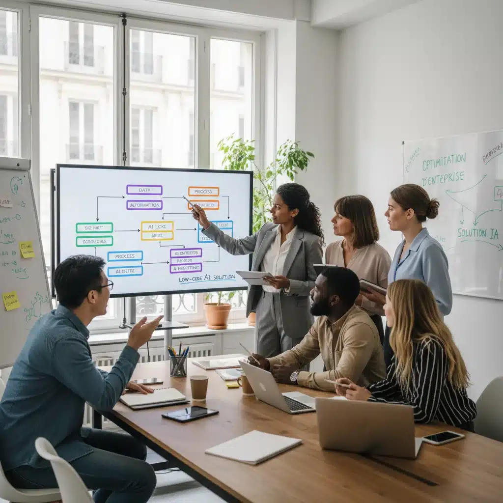Équipe de PME française collaborant sur une solution IA low-code pour optimiser leurs processus