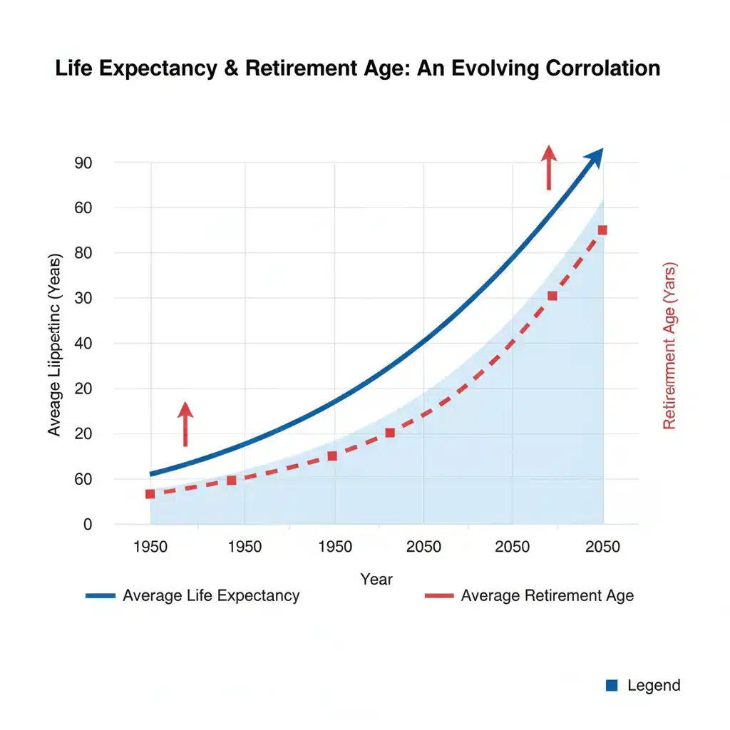 Graphique illustrant l'évolution de l'espérance de vie et l'âge de départ à la retraite