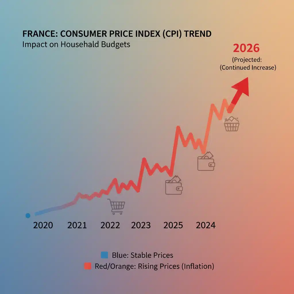 Graphique illustrant l'évolution de l'inflation et de l'indice des prix à la consommation (IPC) en France en 2026.