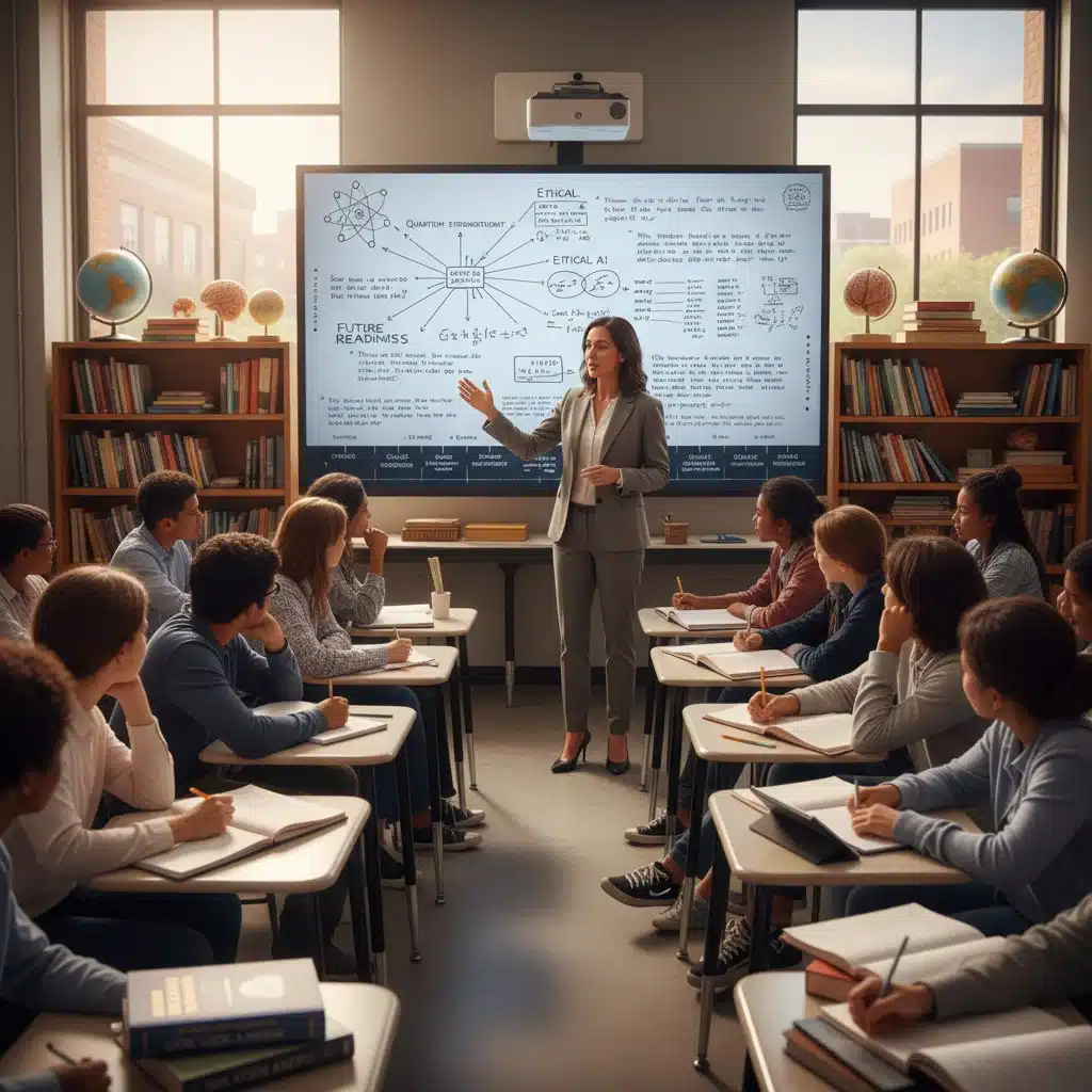 Enseignant devant des lycéens, discutant de sujets complexes, symbolisant l'exigence académique.