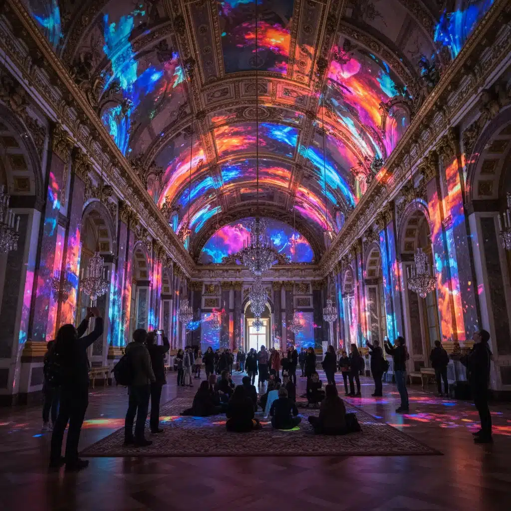 Exposition d'art numérique immersive dans un château français, avec des projections lumineuses et colorées sur les murs et le plafond.