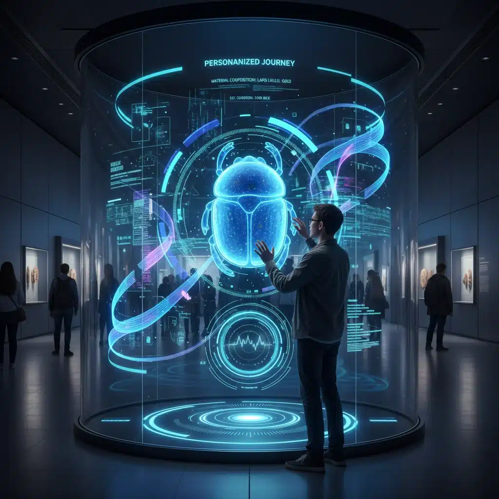 Exposition interactive dans un musée français, où un visiteur explore des informations personnalisées via un écran tactile intelligent et des capteurs IA.