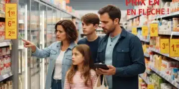 Famille française préoccupée par la hausse des prix en supermarché, illustrant l'impact de l'inflation sur le budget.