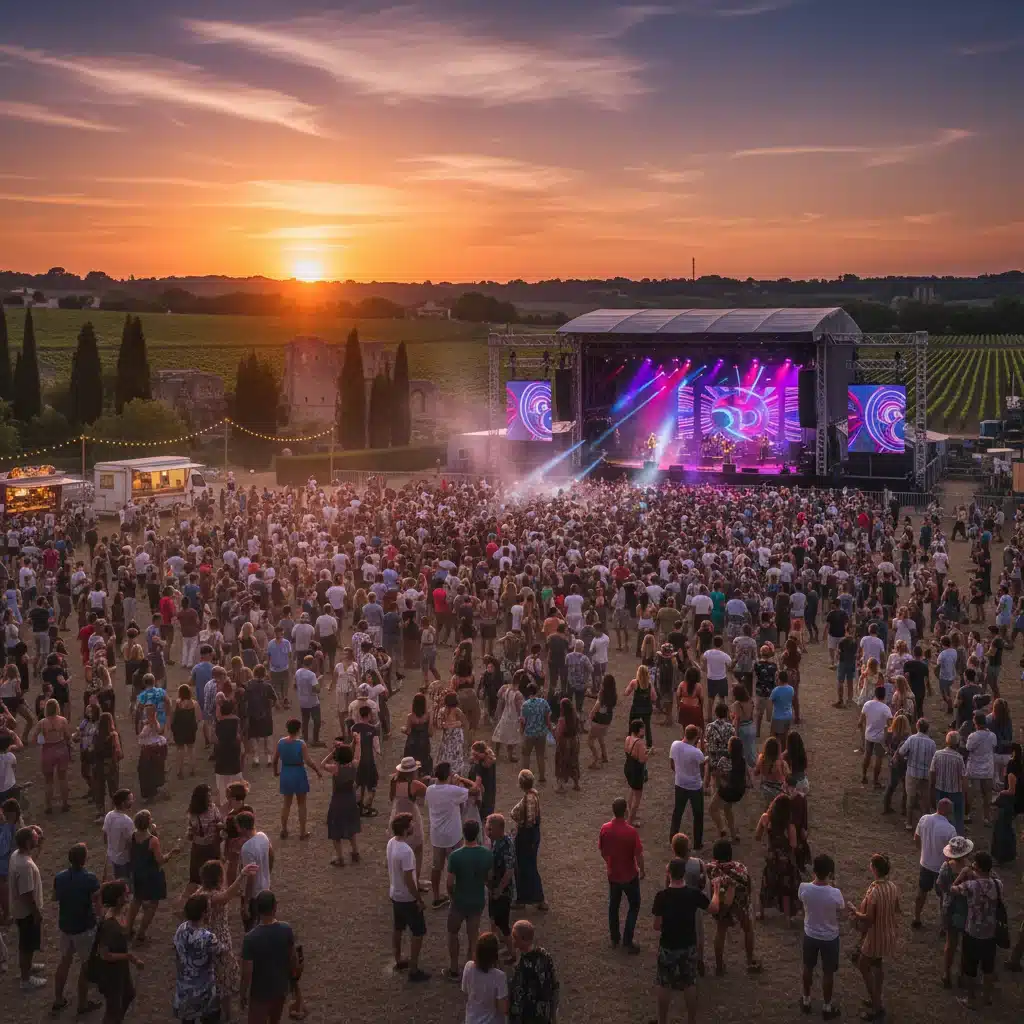 Scène de festival de musique en plein air au coucher du soleil dans un vignoble français, avec une foule animée et des jeux de lumière.