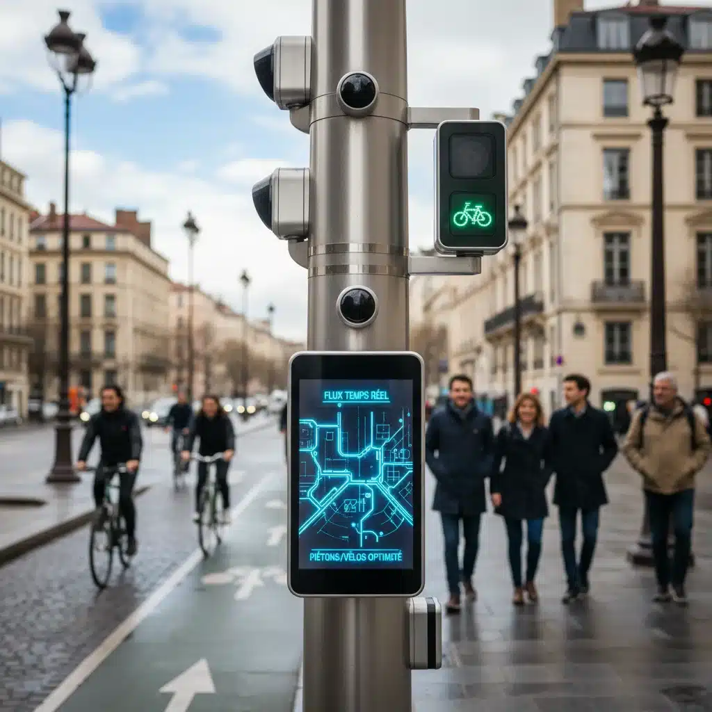 Feu de signalisation intelligent avec capteurs intégrés gérant le trafic urbain en temps réel.