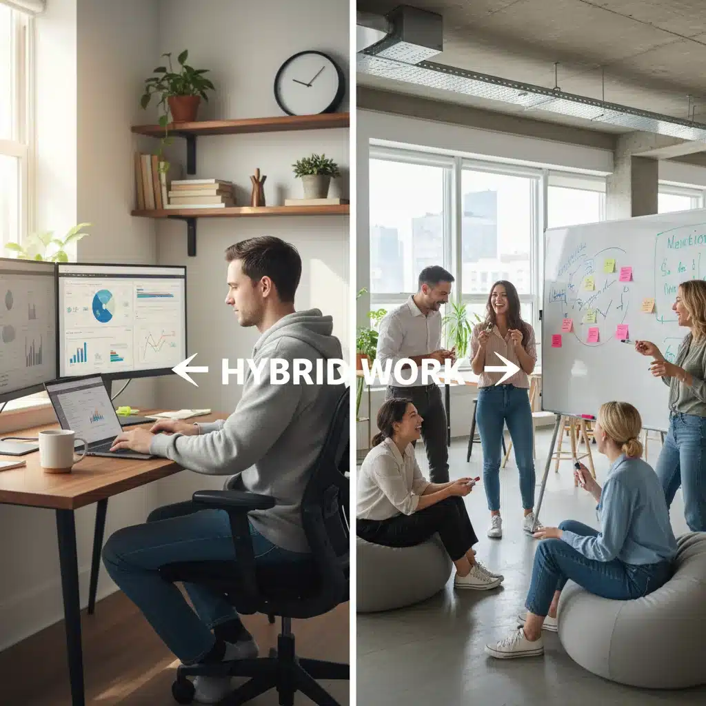 Employé travaillant à domicile et équipe en réunion au bureau, illustrant la flexibilité du travail hybride.