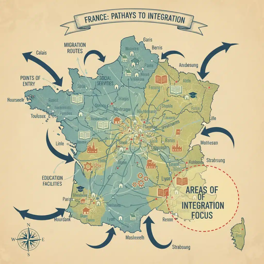 Carte de France illustrant les flux migratoires et les zones d'intégration des immigrés.