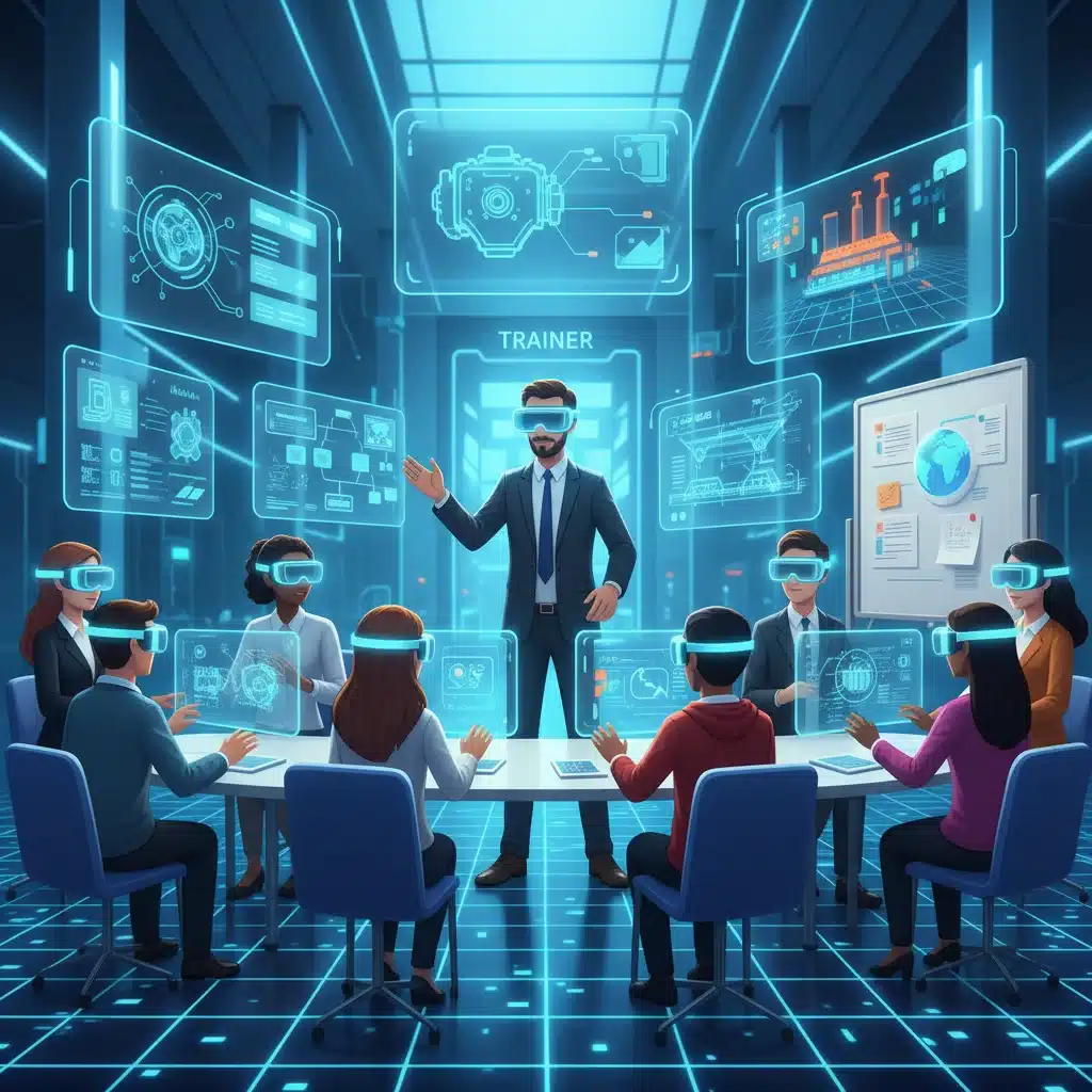 Employés en formation immersive dans un espace virtuel du métavers, utilisant des outils collaboratifs.