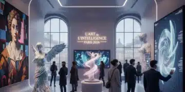 Galerie d'art futuriste française exposant des œuvres d'IA en 2026.