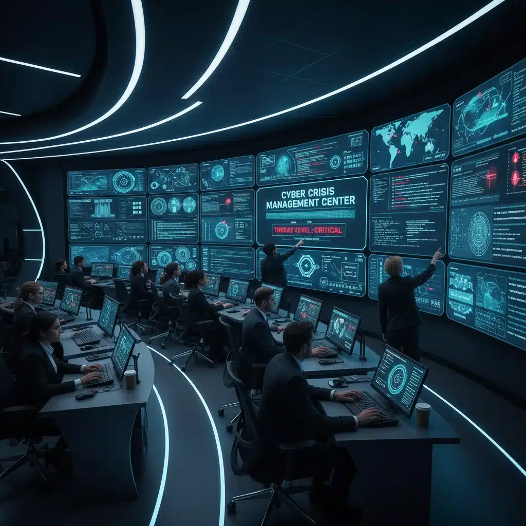 Équipe de professionnels gérant une crise cyber dans une salle de contrôle, avec des écrans affichant des données de sécurité.