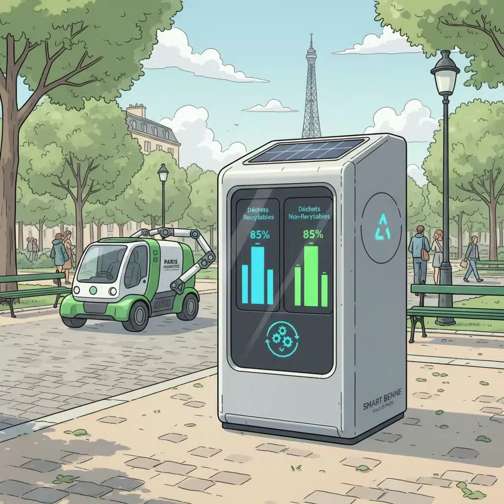 Corbeille intelligente avec capteurs de remplissage et véhicule de collecte autonome dans un parc urbain.