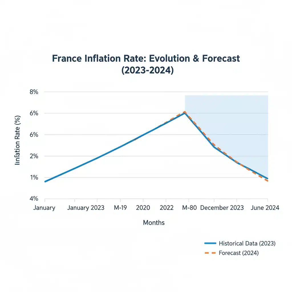 Graphique montrant l'évolution et les prévisions du taux d'inflation en France sur les 6 prochains mois.