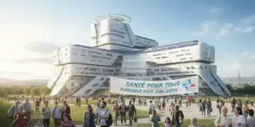 Hôpital moderne et divers public, symbolisant les défis de la santé publique en France.