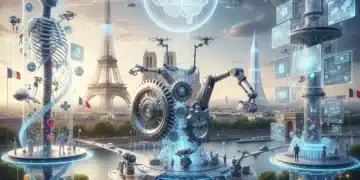 IA en France : 3 Secteurs Clés Transformés d'ici 2027 Illustration futuriste de l'intelligence artificielle transformant l'économie française avec des symboles de la santé, de l'industrie et des services.