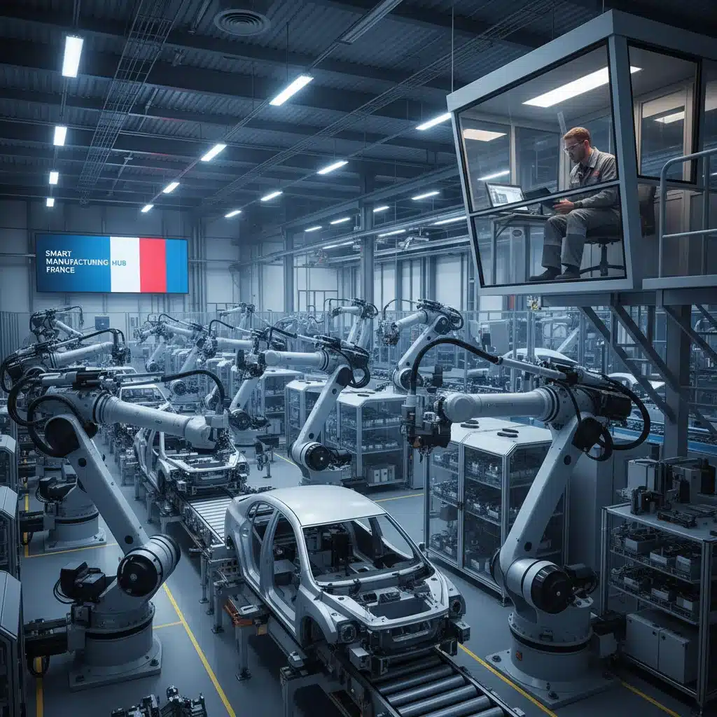Usine française automatisée avec robots et IA, illustrant la production intelligente et l'efficacité industrielle.
