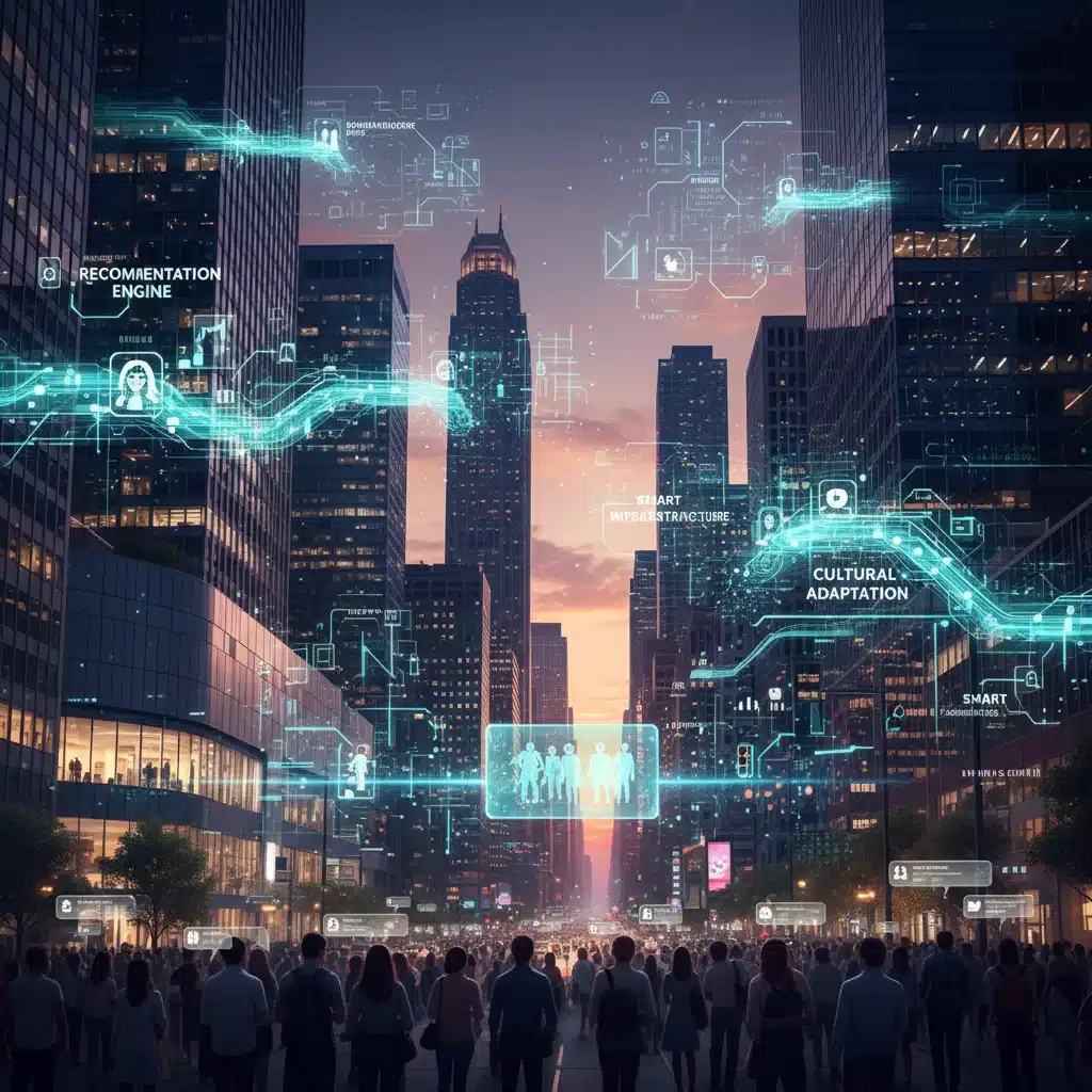 Paysage urbain avec des superpositions numériques montrant l'influence omniprésente de l'IA sur la vie quotidienne