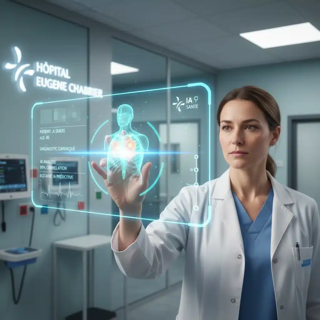 Médecin utilisant l'IA pour le diagnostic et le traitement dans un hôpital français, symbolisant l'innovation en santé.