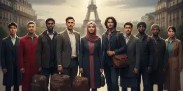 Groupe diversifié de personnes devant un paysage urbain français, symbolisant l'immigration en France en 2026.
