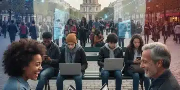 Illustration de l'impact social des plateformes numériques en France, avec des utilisateurs connectés et des éléments symboliques de régulation.