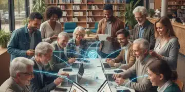 Groupe diversifié de personnes utilisant des appareils numériques dans un environnement inclusif en France