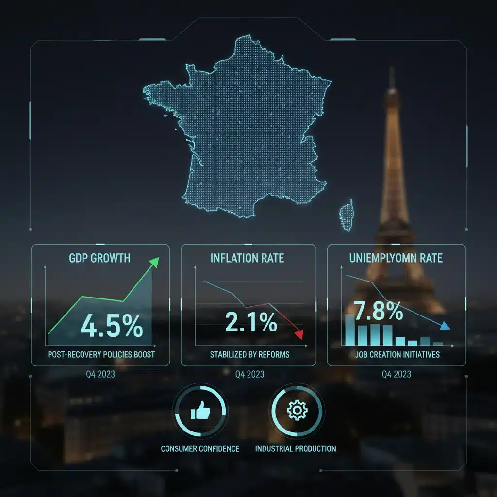 Graphiques et indicateurs économiques clés de la France post-crise, illustrant l'efficacité des mesures de relance.