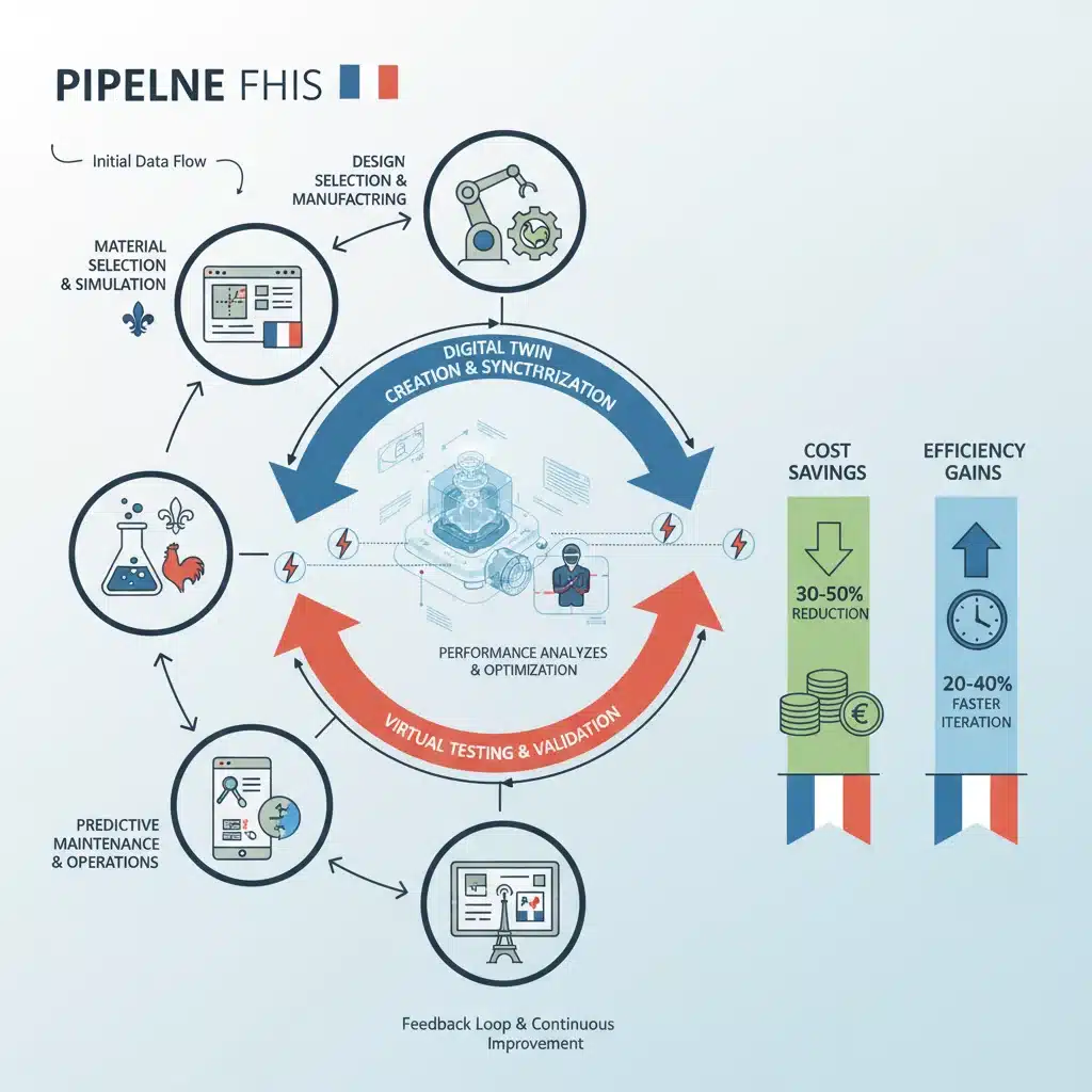 Infographie illustrant le cycle de vie du prototypage avec les jumeaux numériques, mettant en évidence les économies et l'efficacité dans l'ingénierie française.