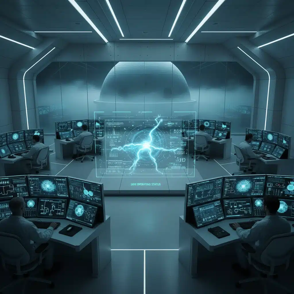 Équipe d'ingénieurs supervisant les opérations d'une centrale nucléaire