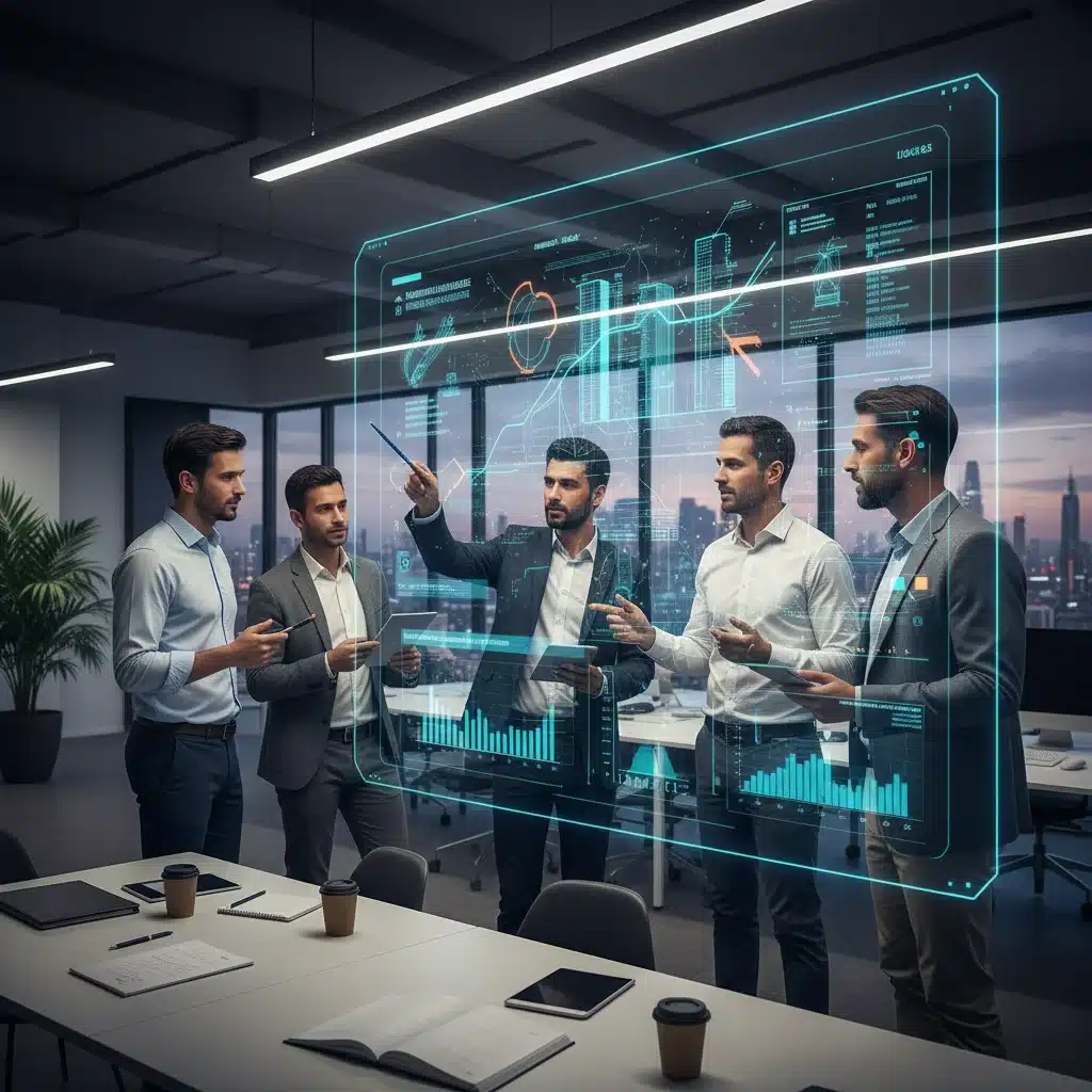 Équipe d'ingénieurs français collaborant autour d'un écran interactif affichant une simulation de jumeau numérique, illustrant la prise de décision éclairée.