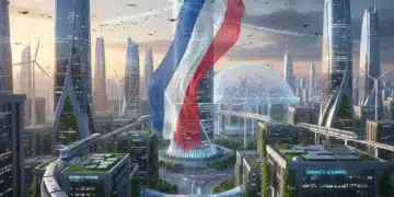 Paysage urbain futuriste avec des technologies innovantes et une touche française, symbolisant l'impact mondial.