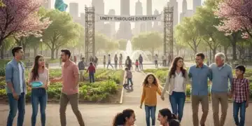 Groupe diversifié de personnes souriantes s'intégrant culturellement dans un parc américain.