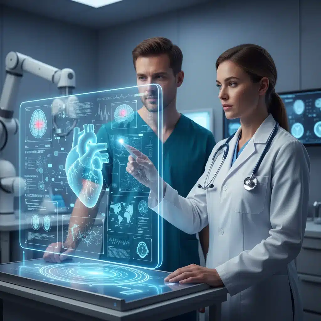 Médecin interagissant avec une interface holographique affichant des données médicales et des analyses d'IA pour le diagnostic.