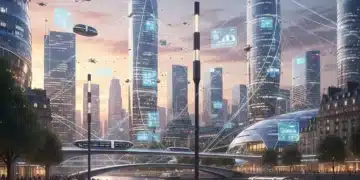IoT Urbain France : 5 Innovations Clés pour les Villes Intelligentes 2028 Paysage urbain français futuriste avec des connexions IoT lumineuses symbolisant les villes intelligentes.