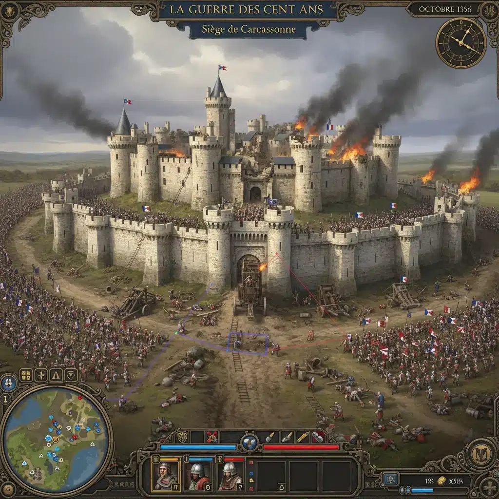 Scène épique d'un jeu de stratégie historique français, siège de château médiéval