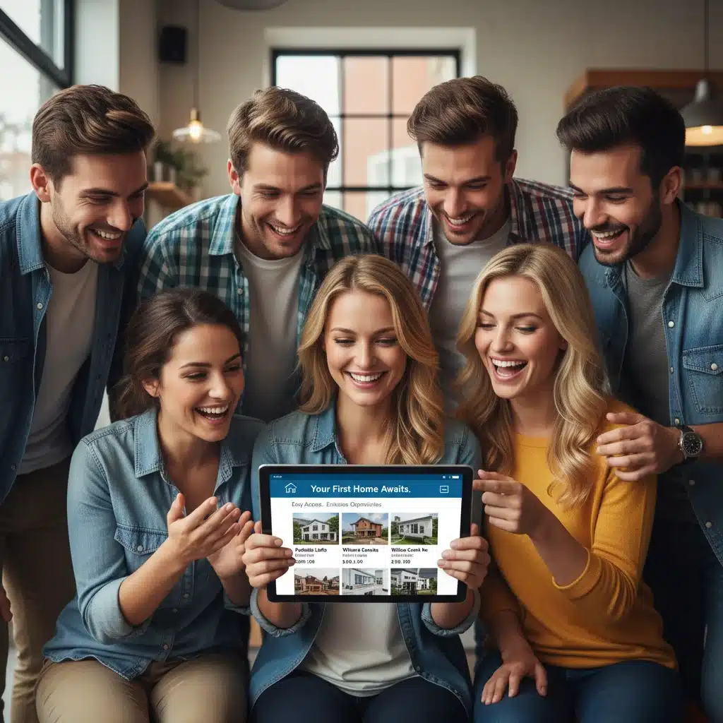 Jeunes couples consultant des annonces immobilières, symbolisant l'aide à l'acquisition