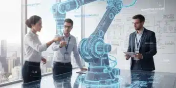 Modèle 3D de jumeau numérique d'une machine industrielle complexe avec des ingénieurs français en arrière-plan, symbolisant l'innovation et la réduction des coûts de prototypage.