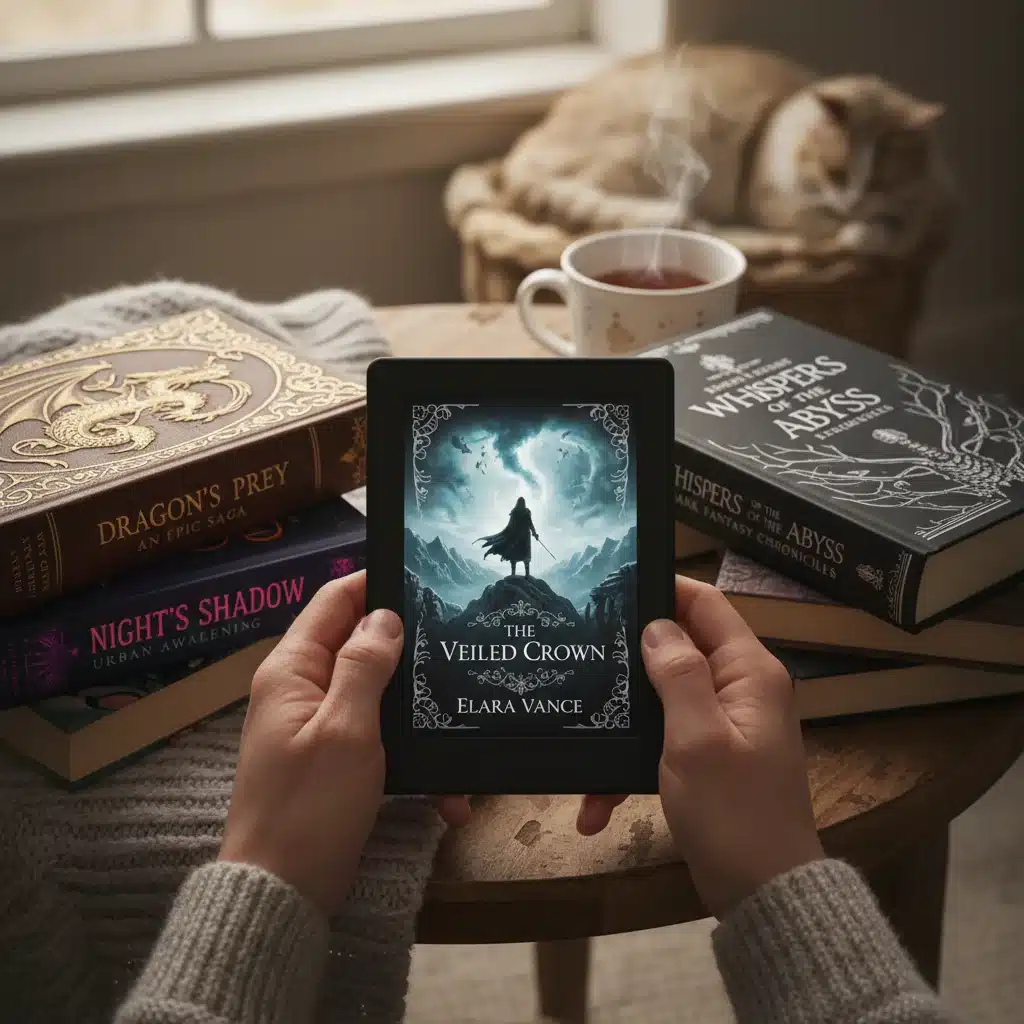 Lecteur immersif avec une liseuse et des romans de fantasy, symbolisant l'essor du genre