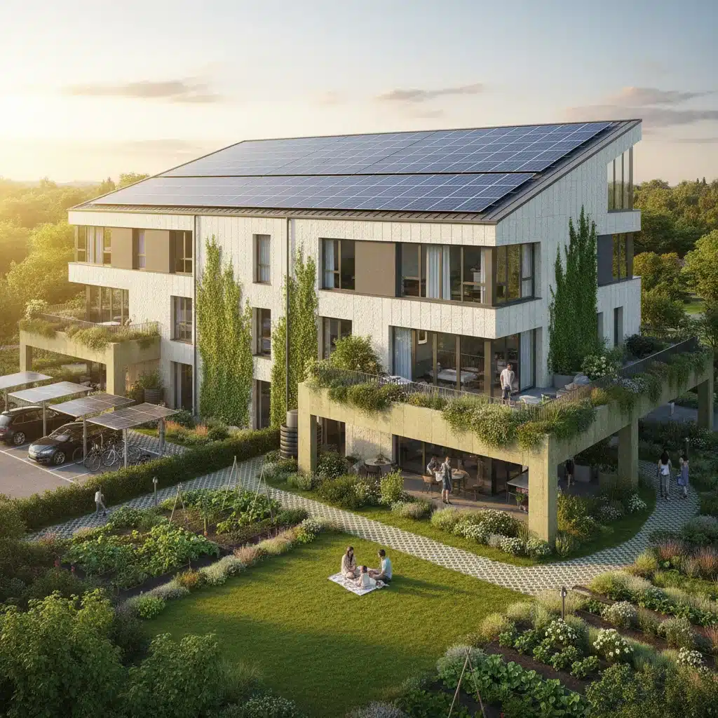Représentation d'un logement éco-responsable avec panneaux solaires et bonne isolation, illustrant les normes énergétiques.