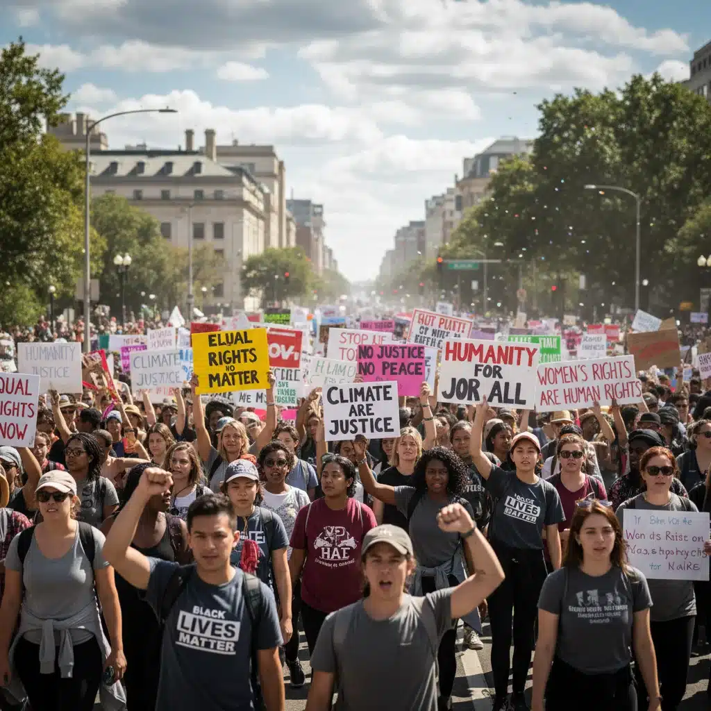 Foule diversifiée manifestant pour la justice sociale, pancartes et banderoles visibles