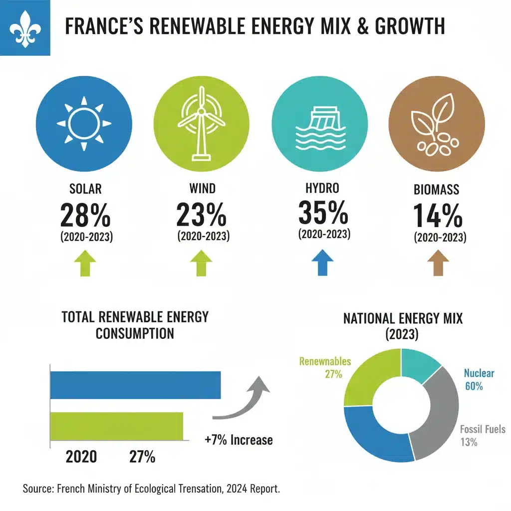 Graphique montrant la part des différentes énergies renouvelables dans le mix énergétique français.